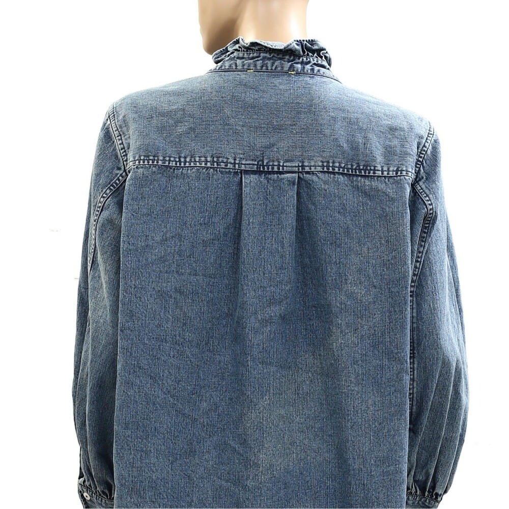 Kerri Rosenthal Puff Sleeve Denim Shirt Top Buttondown Ruffle V-Neck XL 285060 - Picture 10 of 13